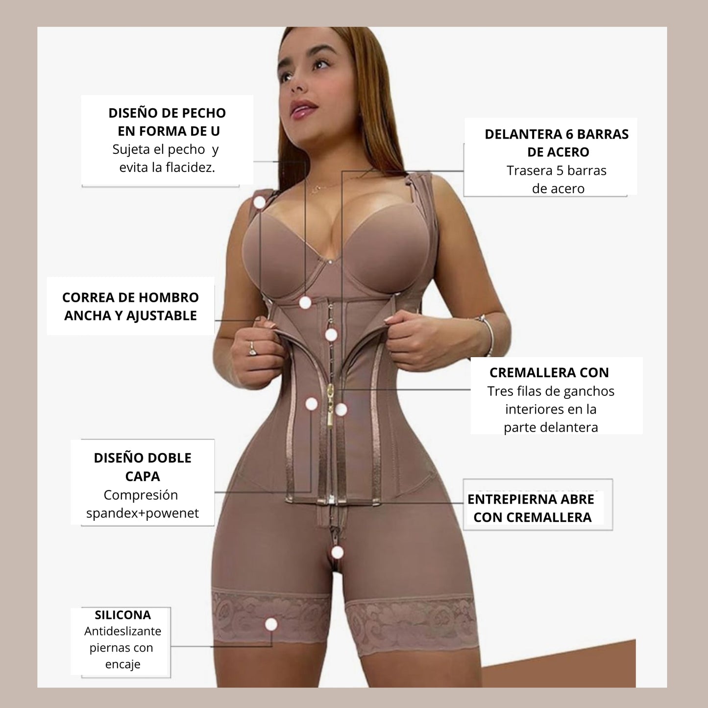 Faja modeladora de alta compresión para mujer con encaje, corsé de control de abdomen y postura, con 9 huesos de memoria, cremallera, levanta glúteos, body cuerpo completo, adelgazamiento Shaperwear.