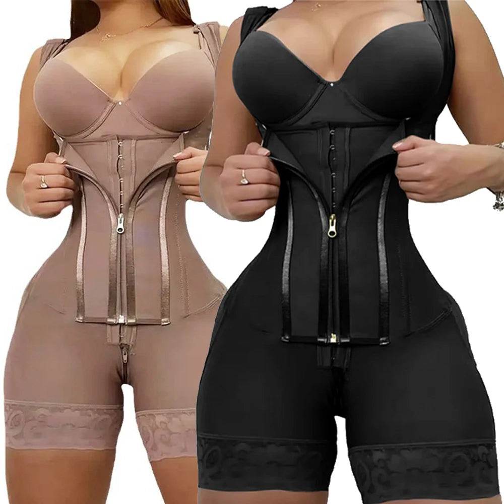 Faja modeladora de alta compresión para mujer con encaje, corsé de control de abdomen y postura, con 9 huesos de memoria, cremallera, levanta glúteos, body cuerpo completo, adelgazamiento Shaperwear.