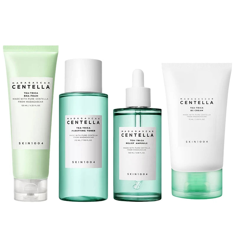 SKIN1004 Korean Centella Tea-Trica BHA Foam Cleanser Purifying Toner Face Ampoule Serum and B5 CreamRelief Skincare Products Set