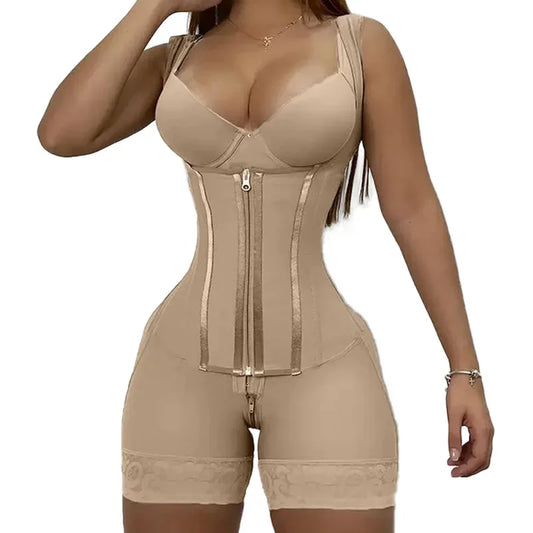 Faja modeladora de alta compresión para mujer con encaje, corsé de control de abdomen y postura, con 9 huesos de memoria, cremallera, levanta glúteos, body cuerpo completo, adelgazamiento Shaperwear.