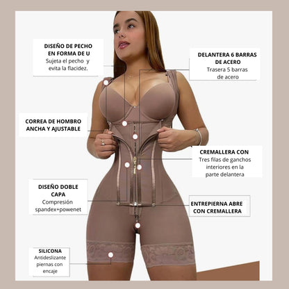 Faja modeladora de alta compresión para mujer con encaje, corsé de control de abdomen y postura, con 9 huesos de memoria, cremallera, levanta glúteos, body cuerpo completo, adelgazamiento Shaperwear.